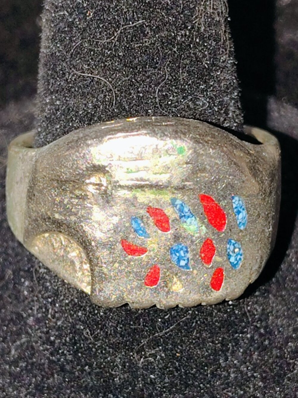 Vintage Southwestern Eagle Chip Inlay Ring • Size 10 Turquoise & Coral
